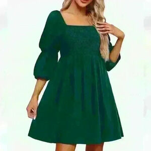 OFEEFAN  | Women's Dark Green 3/4 Puff Sleeve Square Neck Smocked Mini D…